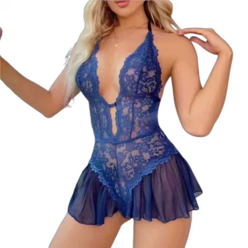 Baby Clothing Model - ホワイトレースのクロッチレスブラセット 女性用 セクシーなディープVオープンベビードールドレス エロティックコスチューム テディランジェリーセット 女性用大人のおもちゃ