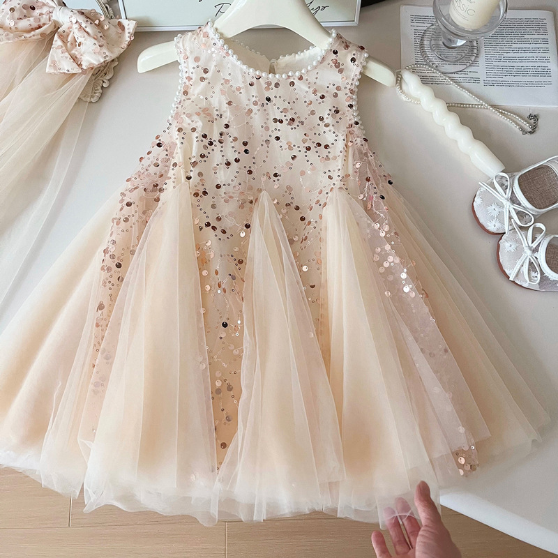 Baby Z Clothing - 夏の新しい女の赤ちゃんパールメッシュノースリーブドレス子供女の子レースとパール飾りファッションベストスタイルプリンセスドレス 2-8 歳