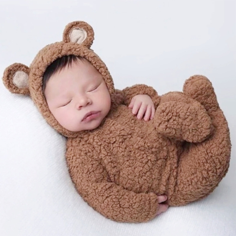 Baby Clothing Brand - 2 個の写真撮影の小道具赤ちゃん男の子女の子ユニセックスジャンプスーツクマ耳帽子足ロンパース新生児写真撮影アクセサリー