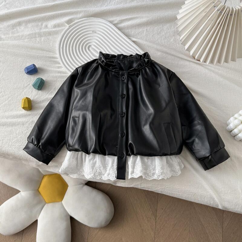 Baby Clothing Model - 新モデル子供服女の子コート秋服春女の赤ちゃんフォレストスタイルレーススプライスレザージャケット誕生日プレゼント