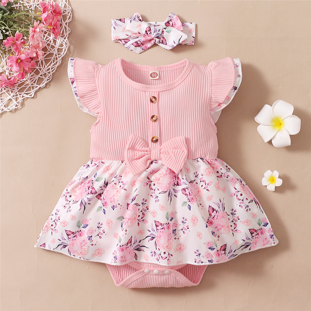 Baby Clothing Brand - 0〜18ヶ月の赤ちゃんのための2ピースの花柄ロンパース,袖付きの夏服,ヘッドバンド付き
