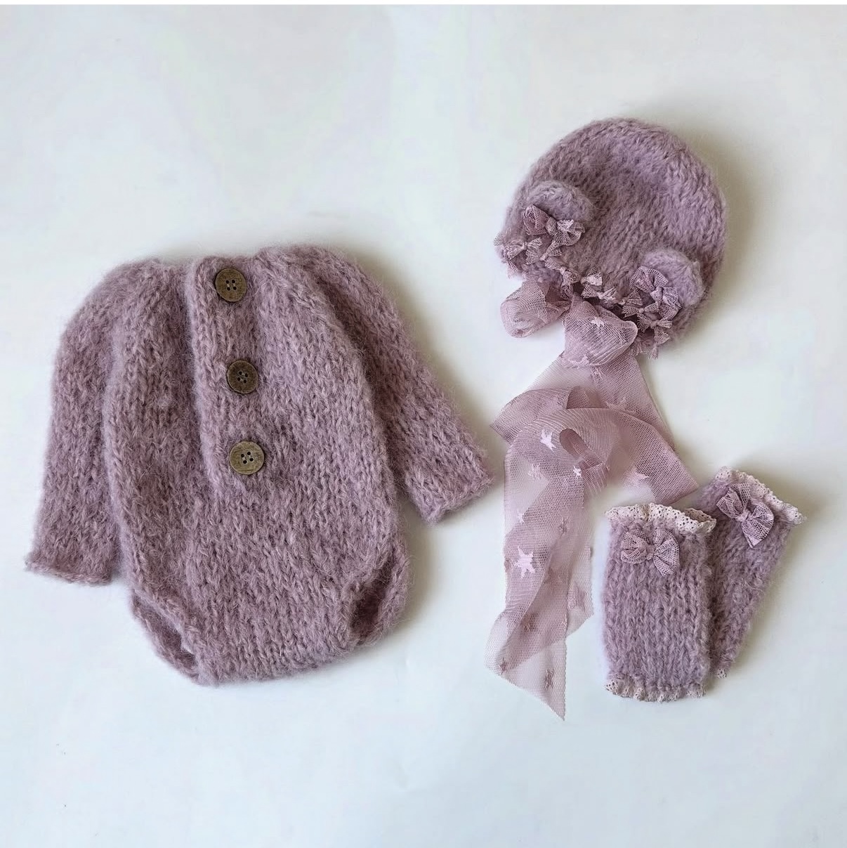 Baby Clothing Brand - 新生児の女の子用ニットロンパース、帽子、手袋セット、パープルレースリボン、プリンセス写真撮影用小道具、幼児用冬用防寒服
