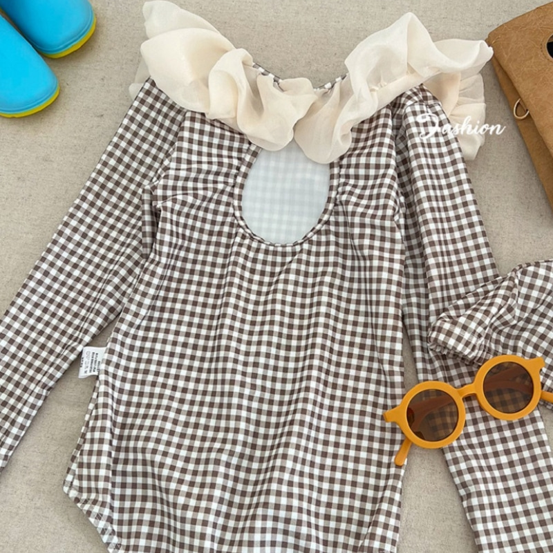 ファッション女の赤ちゃん水着キャップチェック柄子供フリル襟水 - Baby Clothing Hawaii のレビューと価格